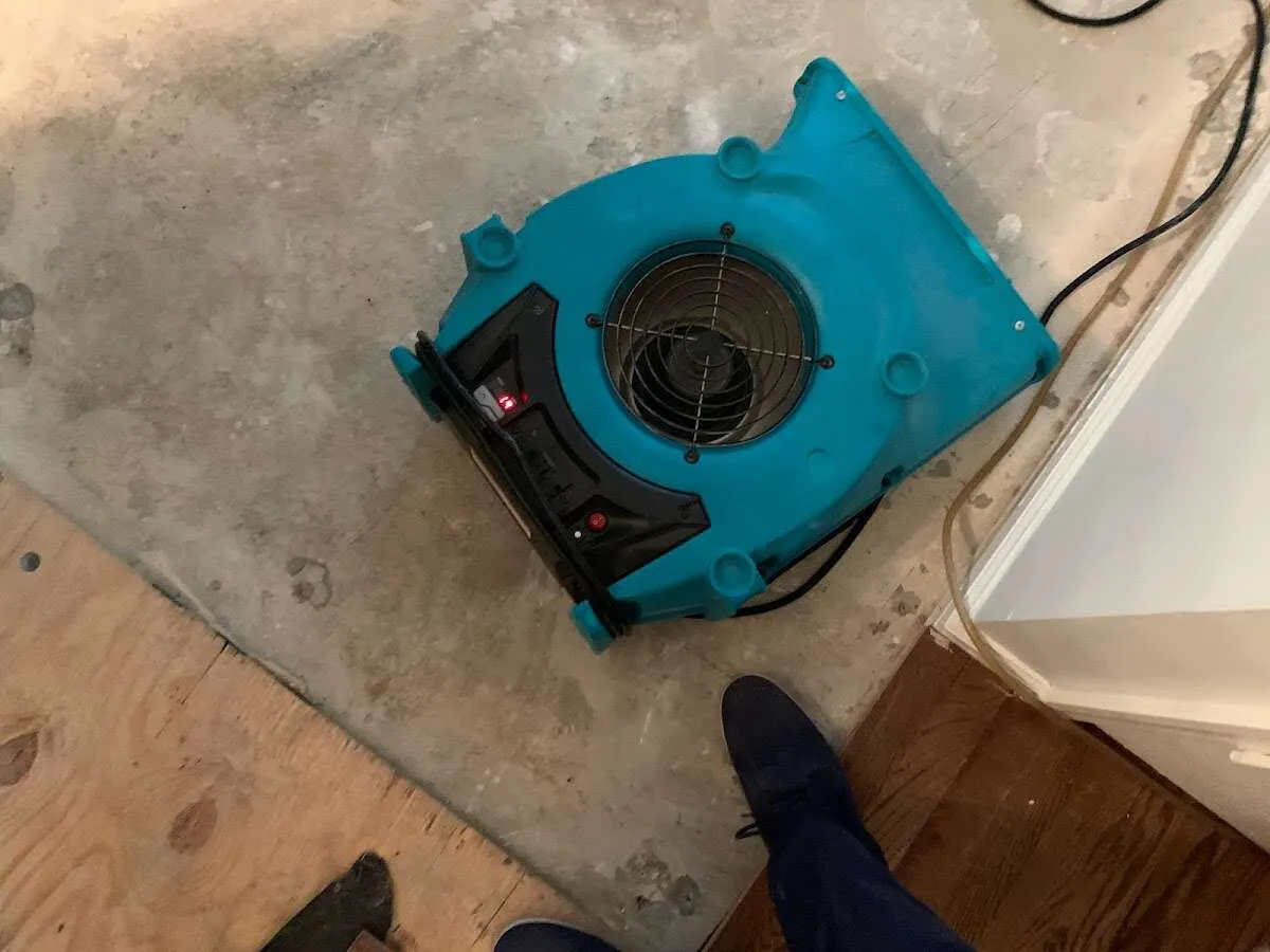 Air mover drying subfloor during Commercial Water Damage Restoration in Marlton